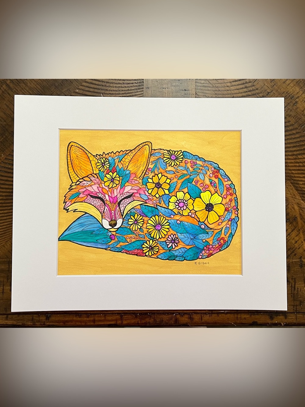Whimsical Floral Fox Watercolor Painting – Original 9x12 Artwork with White Mat